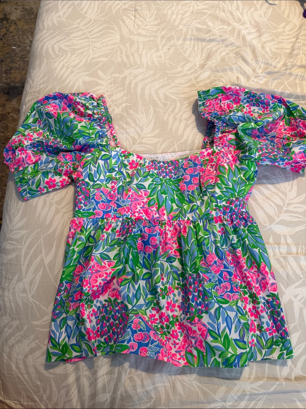 Women’s Lily Pulitzer Floral Puff-Sleeve Top in Pink & Green